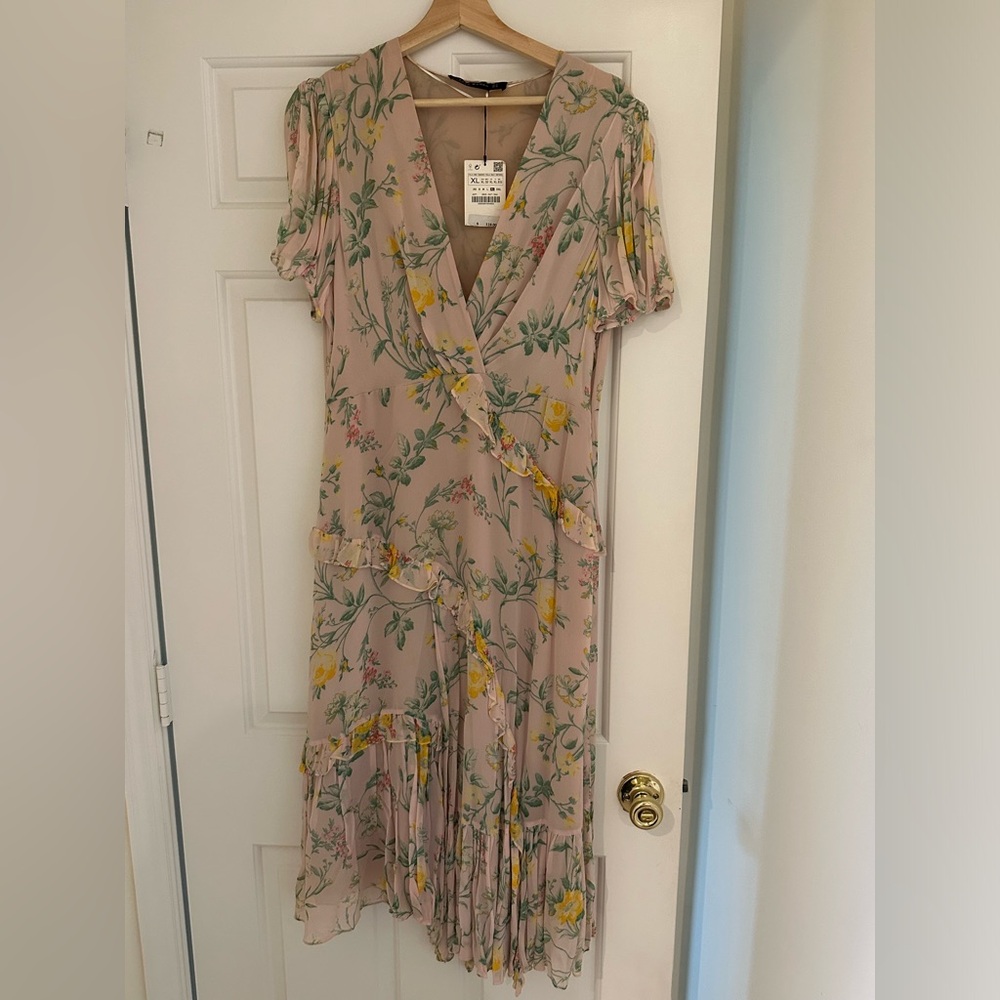 Zara Pink and Green Floral Midi Dress NWT